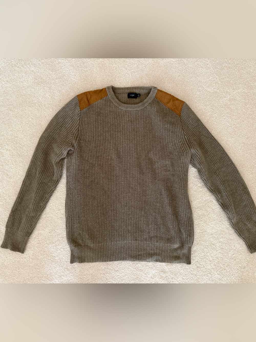 J. Crew Taupe Ribbed Crewneck Sweater with Brown Shoulder Patches